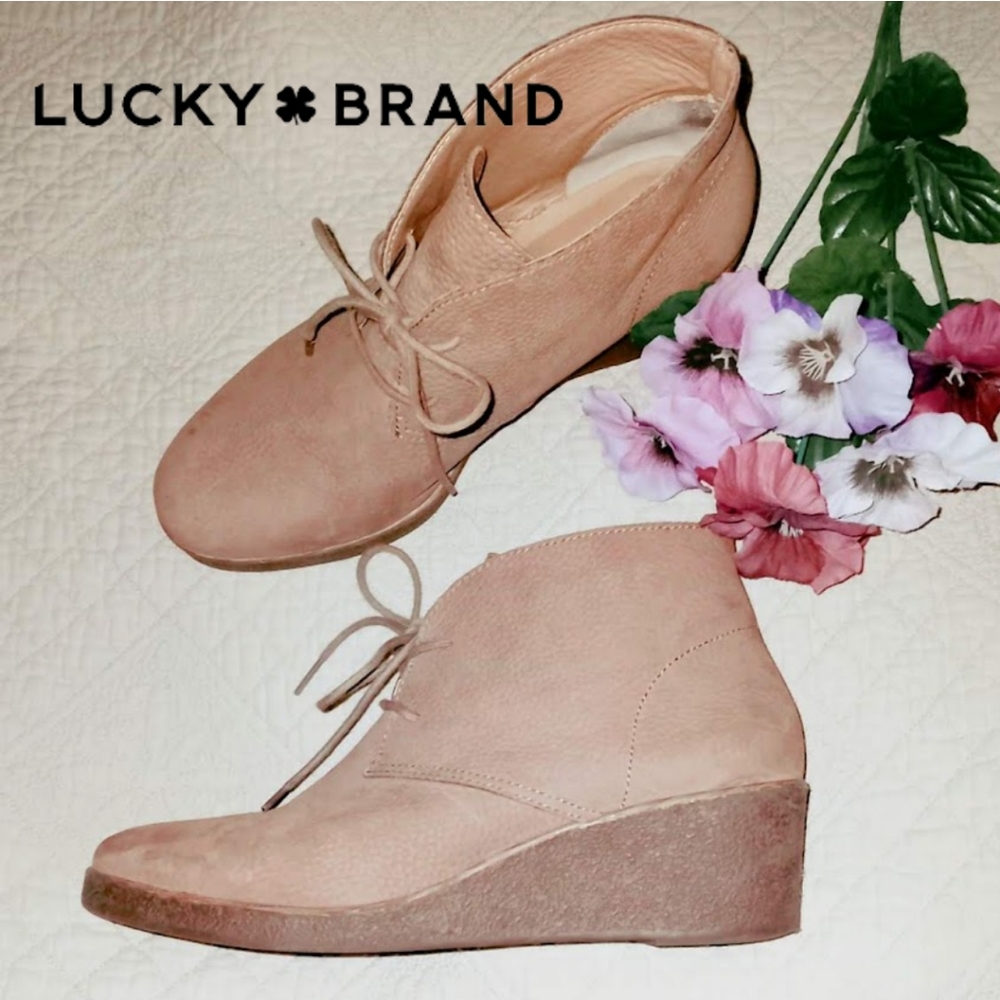 Lucky brand Women's LK Junes Brown Leather Lace Up Wedge Ankle Booties 9.5M